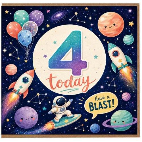 4th Birthday Card, Space Theme Birthday Card, Cute Rocket and Astronaut Card