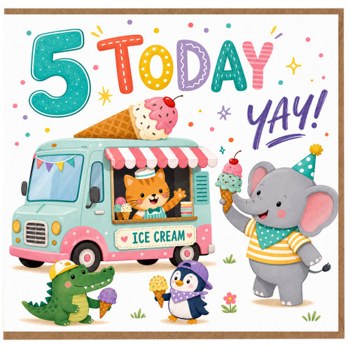 5th Birthday Card, Cute Ice Cream Van and Animals 5 Today Design