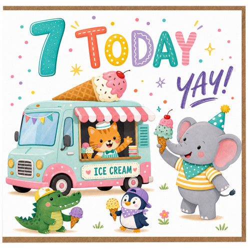 7th Birthday Card, Cute Ice Cream Truck Animal Birthday Card