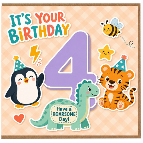 4th Birthday Card, Cute Animal Birthday Card, It’s Your Birthday Card for Age 4