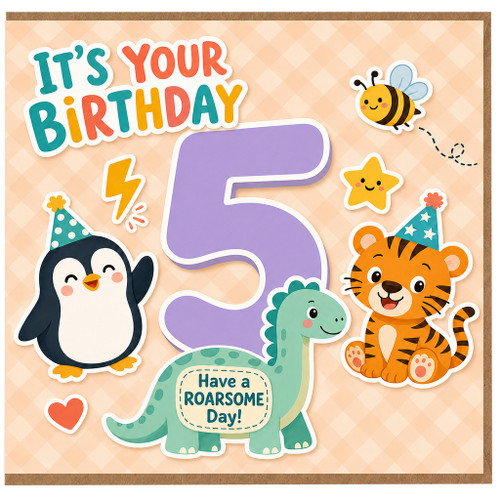 5th Birthday Card, Cute Animals Birthday Card