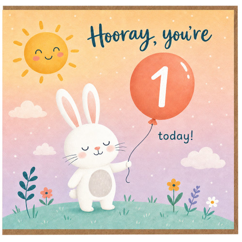 1st Birthday Card, Bunny Balloon Hooray You're 1 Today