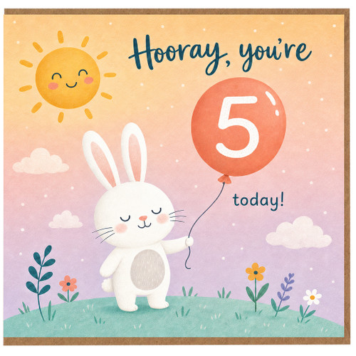 5th Birthday Card, Cute Bunny and Balloon Card