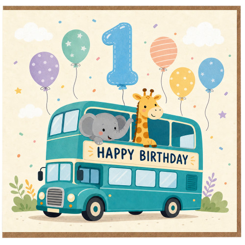 1st Birthday Card, Cute Bus with Elephant and Giraffe Happy Birthday Card