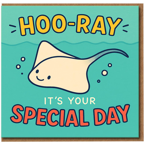 Funny Stingray Pun Birthday Card - Hoo-Ray It's Your Special Day - Cute Ocean Animal Design - Blank Inside - For Him Her Kids Friends