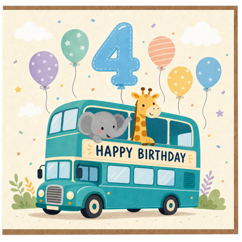 4th Birthday Card, Cute Animal Bus Happy Birthday Card