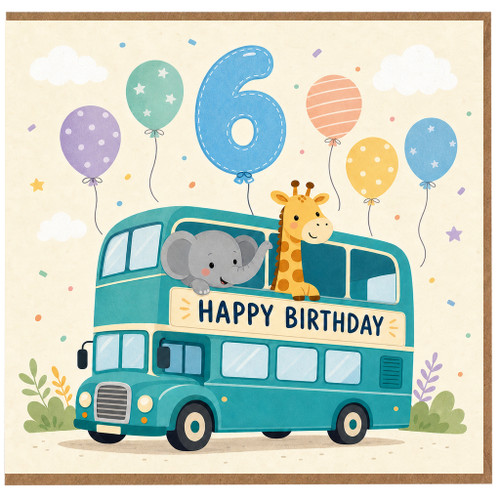6th Birthday Card, Cute Animal Bus Happy Birthday Card
