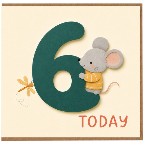 6th Birthday Card, Cute Mouse and Dragonfly Today Design