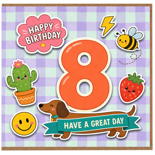 8th Birthday Card, Cute Kawaii Animal and Happy Birthday Design, Have a Great Day Card