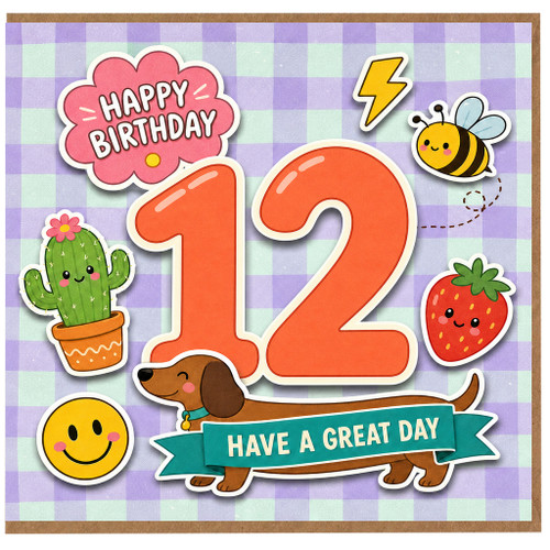 12th Birthday Card, Cute Animal and Fruit Design
