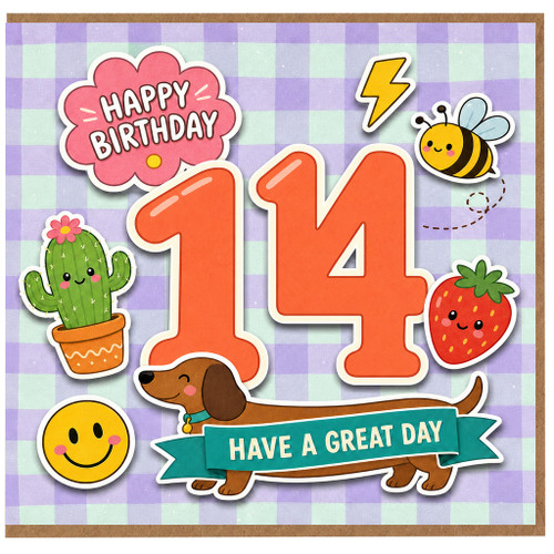 14th Birthday Card, Cute Cartoon Animals and Happy Birthday Design