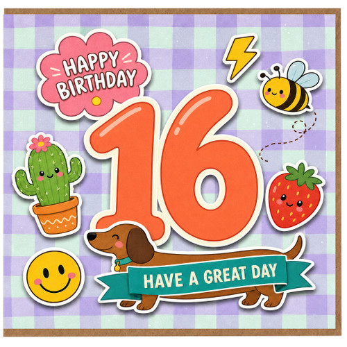 16th Birthday Card, Cute Colourful Cartoon Birthday Card