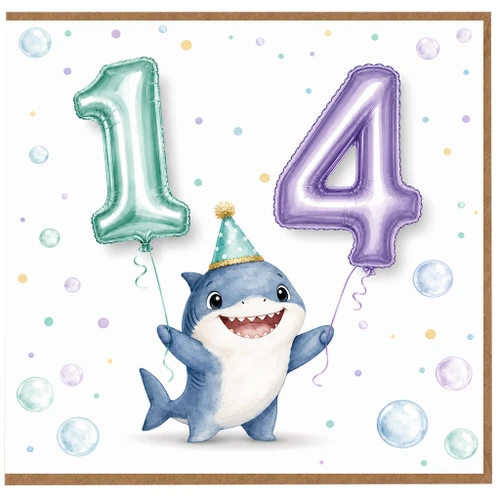 14th Birthday Card, Cute Shark Party Card