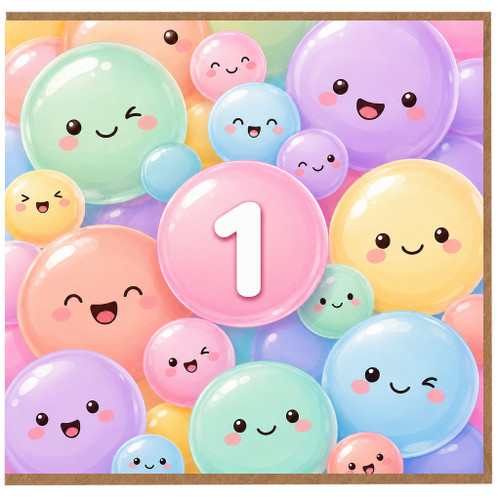 1st Birthday Card, Cute Pastel Balloon Character Design