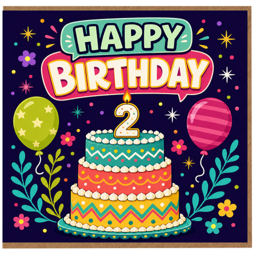 2nd Birthday Card, Colourful Cake and Balloons Birthday Card