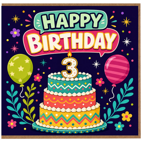 3rd Birthday Card, Happy Birthday Cake and Balloons Design