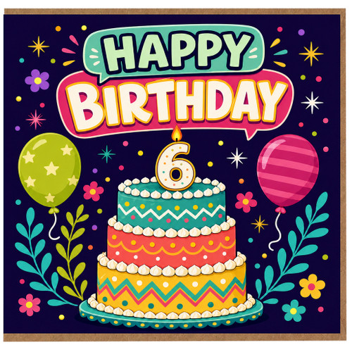 6th Birthday Card, Happy Birthday Cake and Balloons Card