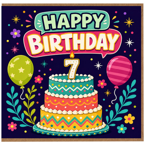 7th Birthday Card, Colourful Cake and Balloons Design