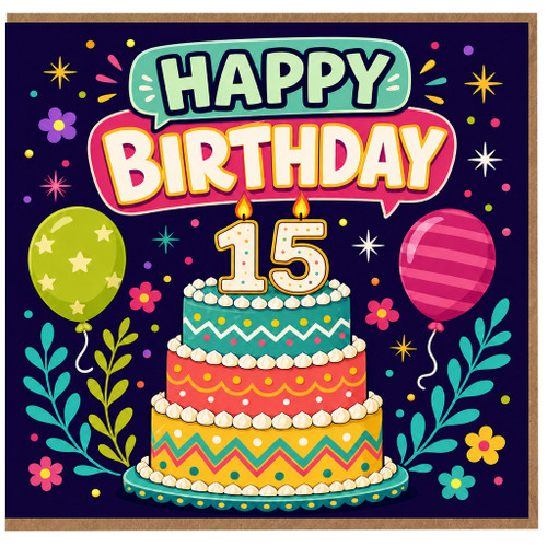 15th Birthday Card, Happy Birthday Cake and Balloons Design