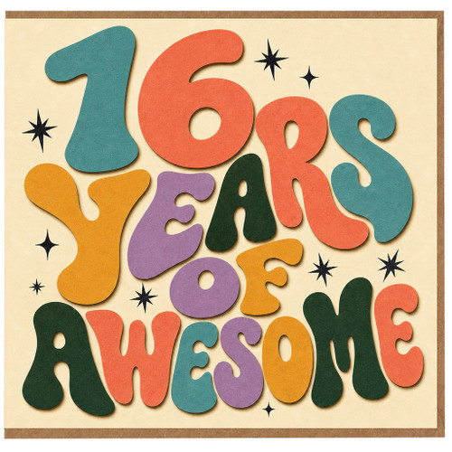 16th Birthday Card, 16 Years Awesome Retro Typography Card