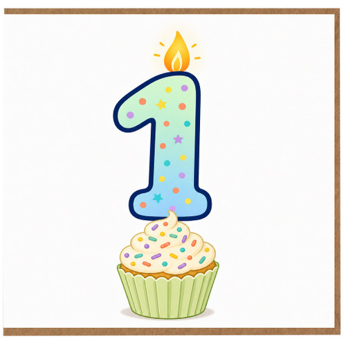 1st Birthday Card, Number 1 Candle Cupcake Design