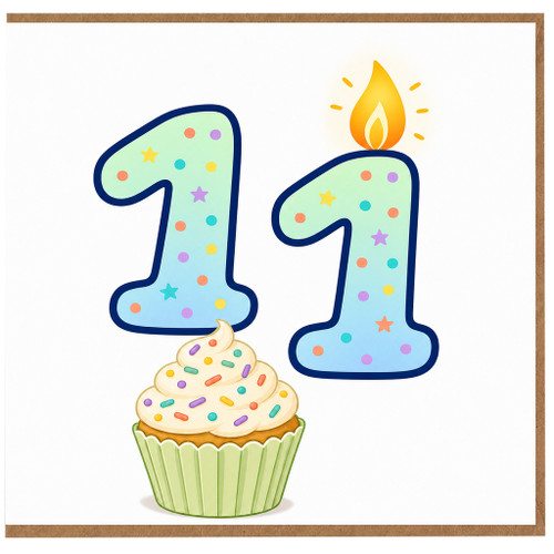 11th Birthday Card, Colourful Cupcake Candle Design
