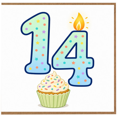 14th Birthday Card, Number 14 Birthday Card with Cupcake Design