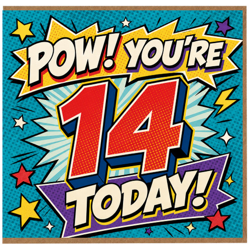 14th Birthday Card, Comic Book POW You're 14 Today Birthday Card
