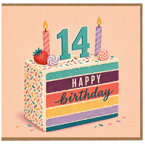 14th Birthday Card, Colourful Birthday Cake Design, Happy Birthday Card
