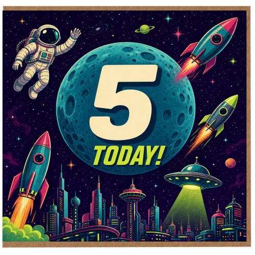 5th Birthday Card, Space Theme, Rocket, Astronaut and Moon Design