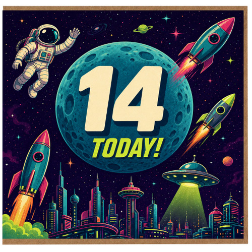 na 14th Birthday Card, Space Astronaut Rockets Design