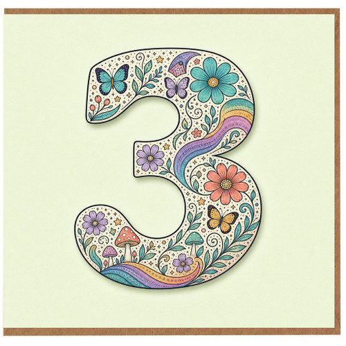 na 3rd Birthday Card, Floral Butterfly Rainbow Number 3