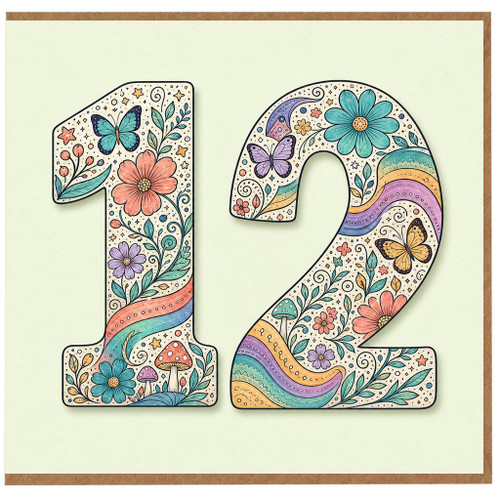 12th Birthday Card, Floral Butterfly Number 12 Card