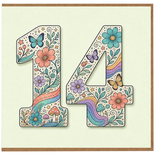 14th Birthday Card, Floral Butterfly Number 14 Card