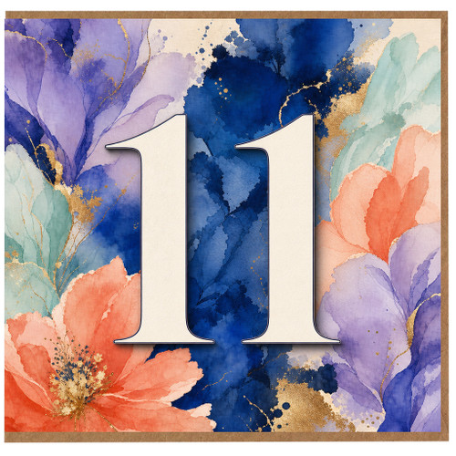 11th Birthday Card, Floral Watercolour Number 11 Card