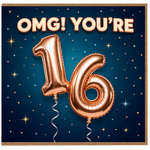 16th Birthday Card, OMG You’re 16 Rose Gold Balloon Design