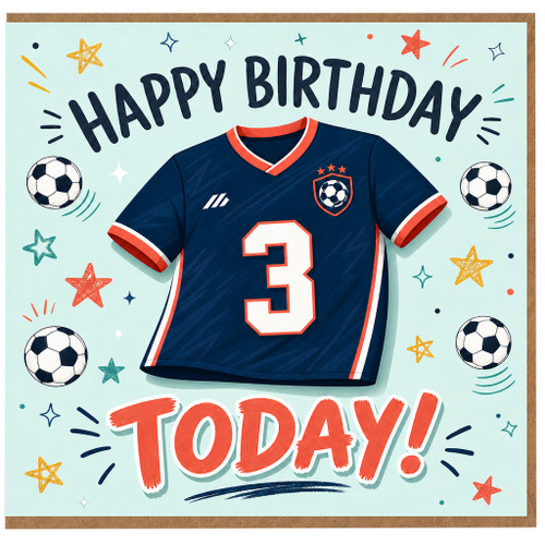 3rd Birthday Card, Football Shirt Number 3 Design, Soccer Happy Birthday Today Card
