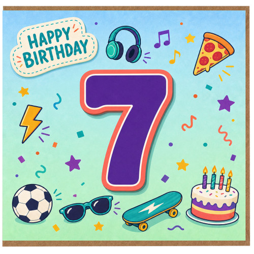 7th Birthday Card, Colourful Party Icons Design