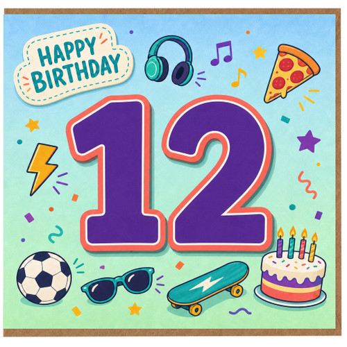 12th Birthday Card, Fun Teen Birthday Card with Games, Music and Party Icons