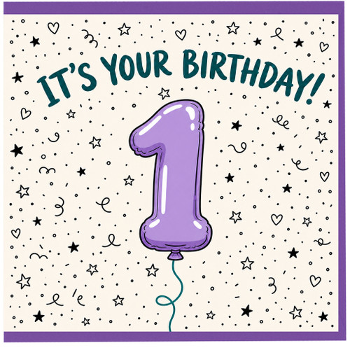 1st Birthday Card, It's Your Birthday Purple Balloon Design