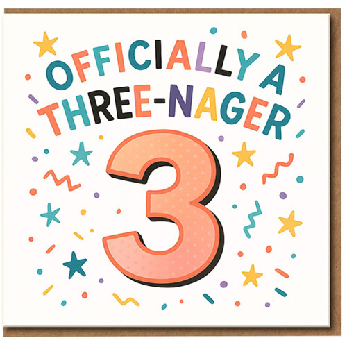 Officially a Three-Nager 3rd Birthday Card - Funny Kids Age 3 Card for Boys or Girls - Colourful Confetti Design