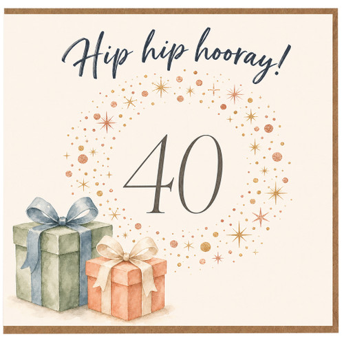 40th Birthday Card, Hip Hip Hooray with Gifts and Starry Wreath