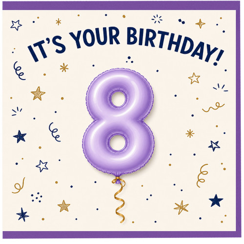 8th Birthday Card, Purple Number 8 Balloon Birthday Card