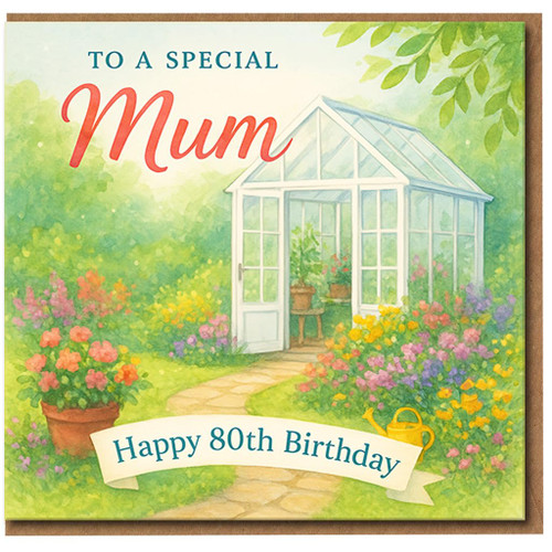 Mum 80th Birthday Card - To a Special Mum, Garden Greenhouse Floral Design - Happy 80th Birthday Card for