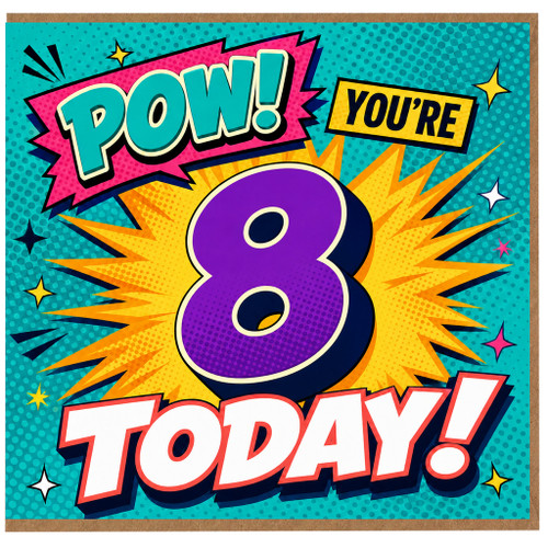 8th Birthday Card, Pow You're 8 Today Comic Style Card