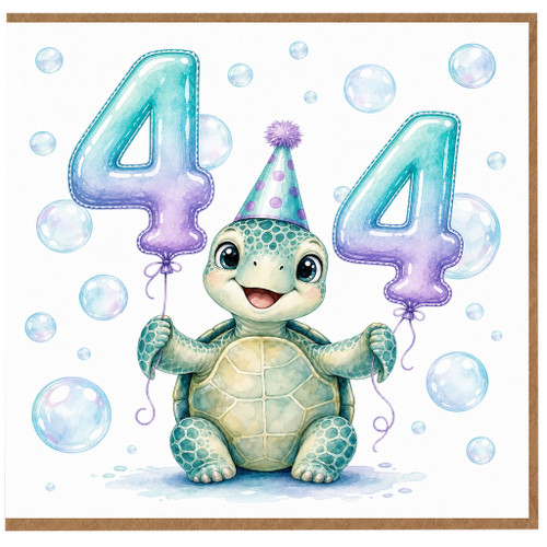 4th Birthday Card, Cute Turtle Party Design