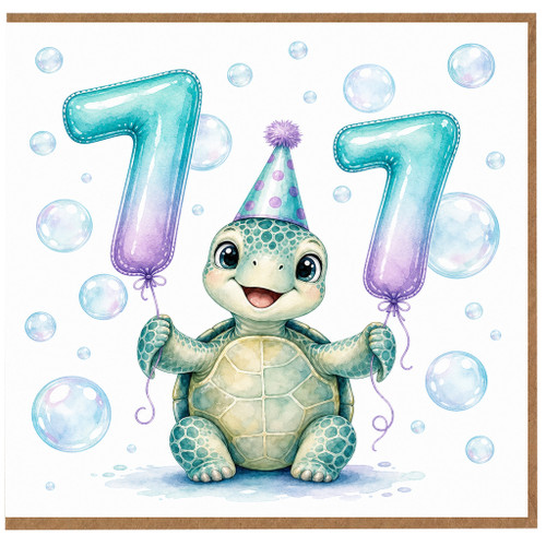 7th Birthday Card, Cute Baby Turtle with Number 1 Balloons