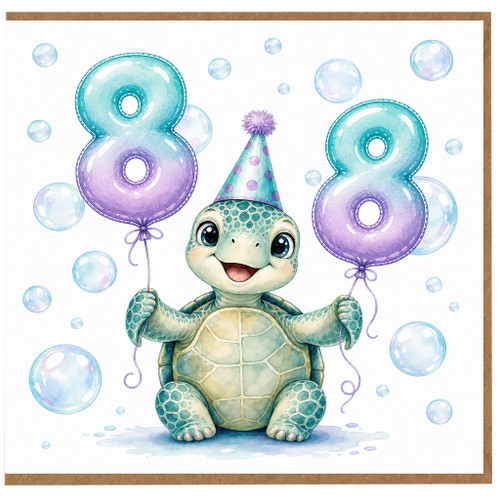 8th Birthday Card, Cute Turtle with Party Hat and Number 8 Balloons
