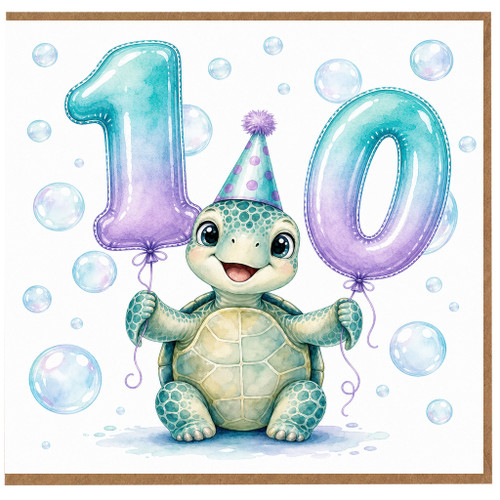 10th Birthday Card, Cute Turtle Balloon Card
