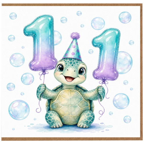 11th Birthday Card, Cute Turtle with Number 11 Balloons